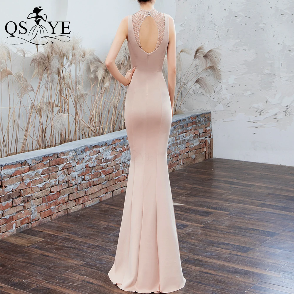 Champagne Avondjurken Mermaid Hoge Hals Kralen Prom Gown Stretch Fit Party Formele Gown Keyhole Back Vrouwen Vestido Mouwloze