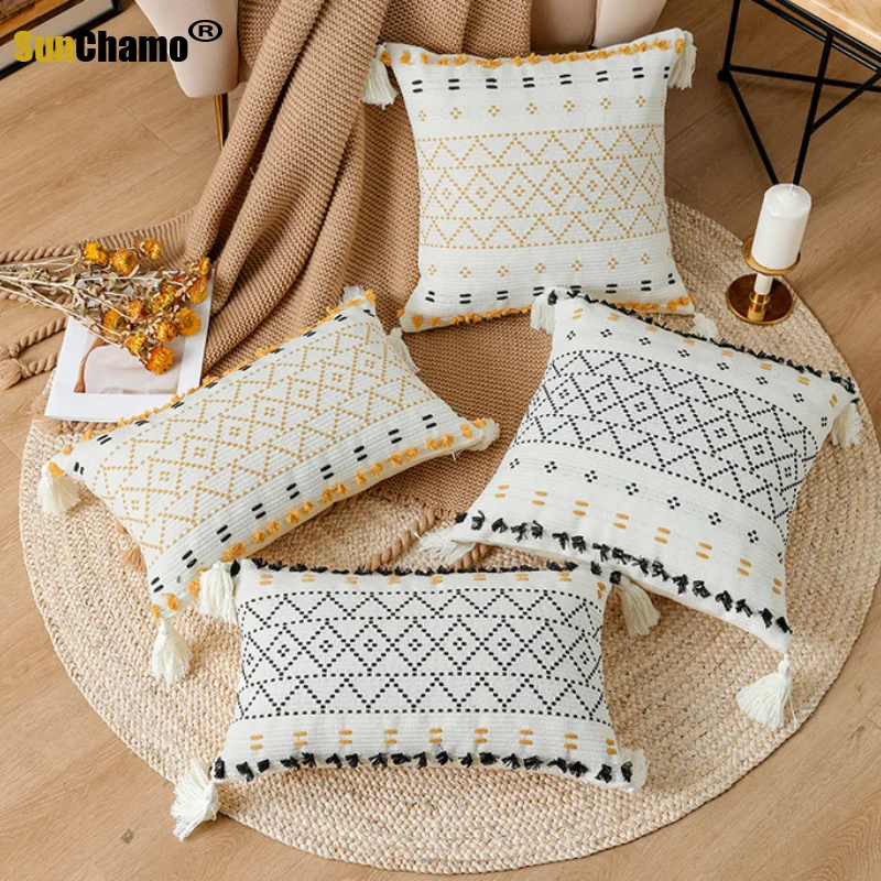 

Yellow Black Cotton Jacquard Cushion Cover 45x45cm/30x50cm Tassels Pillow Cover Sofa Bed Home Decoration PillowCase Sham