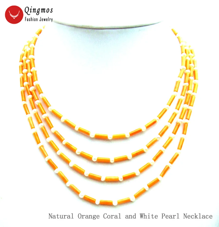 

Qingmos Thick Slice 3*9mm Natural Orange Coral Necklace for Women with 4-5mm White Pearl Necklace Jewelry 4 Strand Chokers 17''