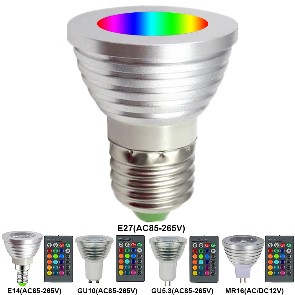 E26 E27 E14 GU10 GU5.3 MR16 LED RGB Light Bulb Dimmable 3W LED Lamp Remote Control Colorful Changing Bulb Led Lampada Decor Home