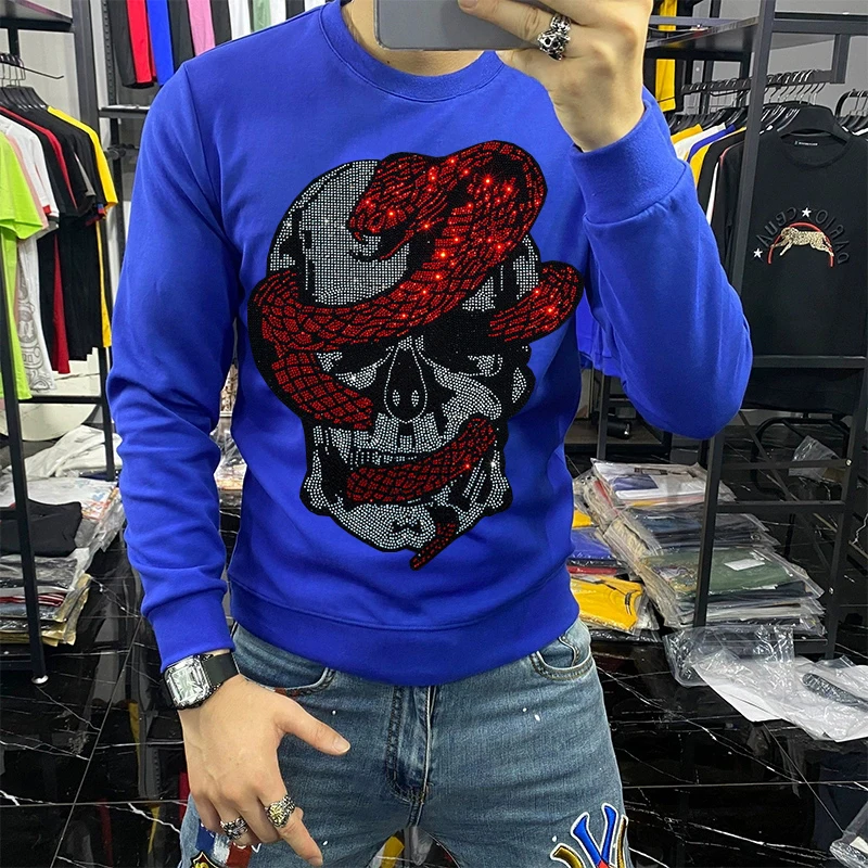 2024 New Arrival Winter Men\'s Sweatshirt Casual Fashion Long Sleeve Hot Rhinestone Warm Oversized Hoodie Top