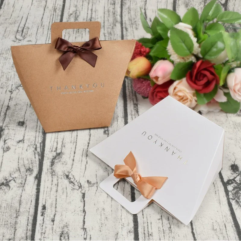 10/20pcs White Merci Thank You Gift Packaging Candy Kraft Paper Bag Wedding Decor Dragee Gift Box Cake Baby Shower Paper Bags