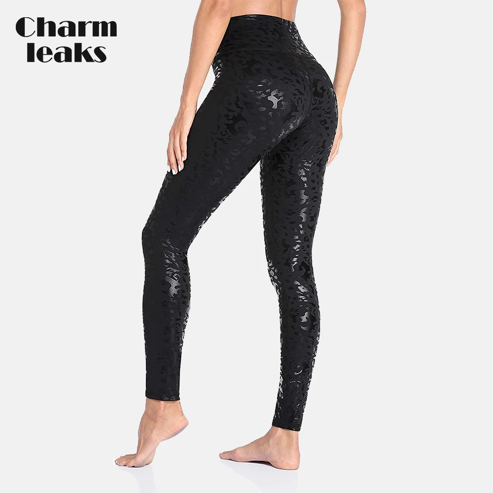 Leggings sportivi da donna charmperdite in ecopelle stampa leopardata Tummy Control allenamento pantaloni da Yoga tasca nascosta in vita