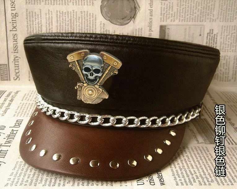 Leather Genuine Hat Real Cowhide Leather Military Hats Navy Flat Cap Metal Chain Rivet Badge Motorcycle Hat For Men And Women