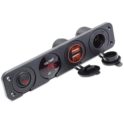 Carregador de carro soquete divisor adaptador, termômetro impermeável, voltímetro, interruptor, Dual USB, 4 em 1 painel, 12V, 4.2A