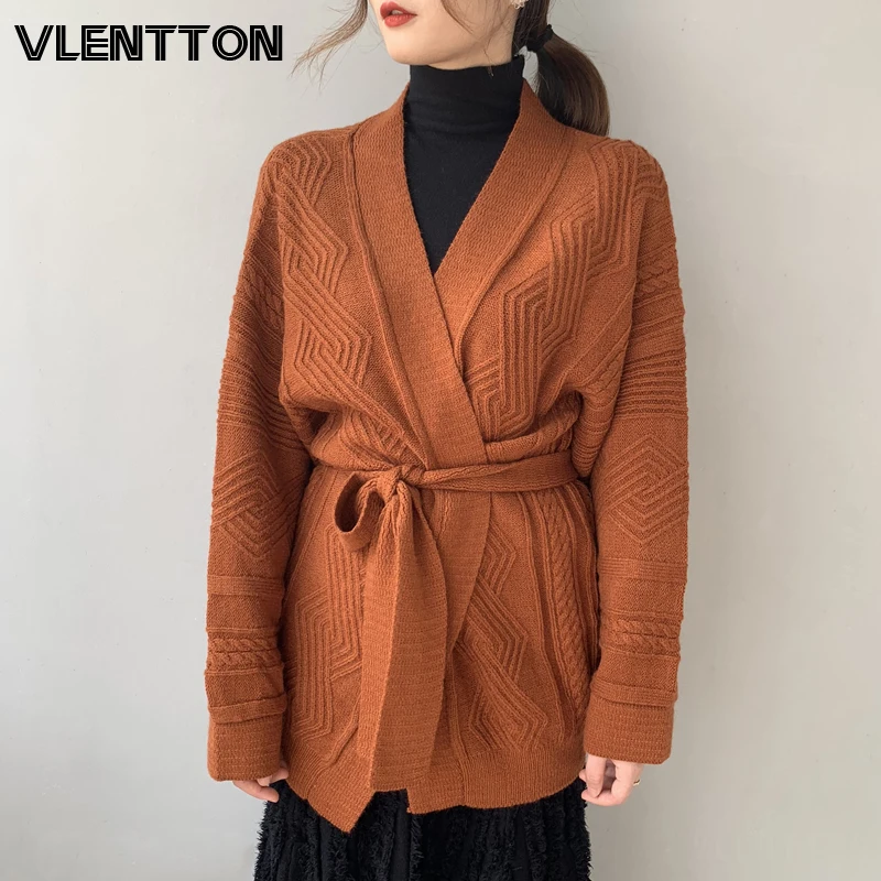 2020 Autumn Winter Women Vintage Thick Knitted Sweater Cardigans With Belt Solid Korean Casual Loose Coats Female Tops Jumper