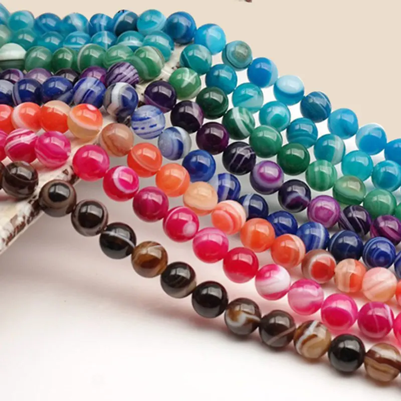 

6 8 10 12 14mm Multicolor Stripe Agates Round Accessorries Beads Natural Onyx Stone BLoose Spacer Beads For Jewelry Making 15''