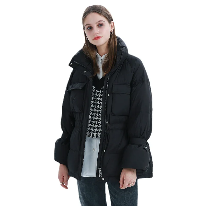 Womens down jacket Standing collar female strap winter long loose 2021 new street casual waist 90%white duck down jacket