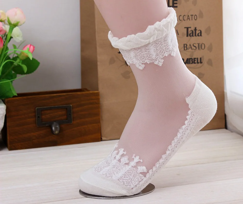 Womens 6 Pairs Ultrathin Transparent White Cotton Lace Elastic Short Socks C1S6