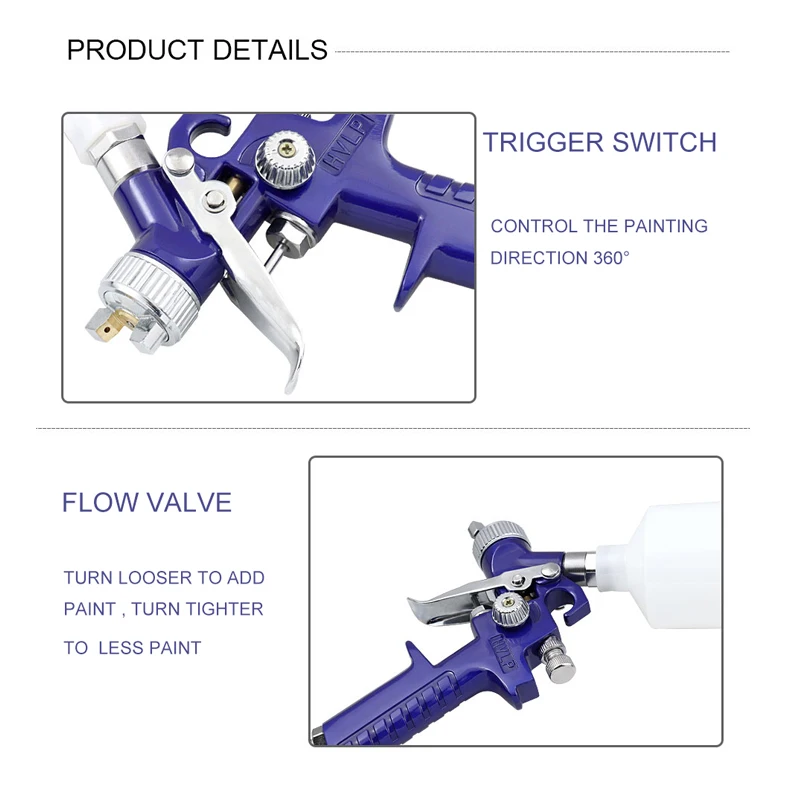 Imagem -05 - Hvlp Pistolas de Pulverização Aerógrafo de Gravidade Mini Pistola Pneumática para Pintura Aerógrafo Carro 0.8 mm 1.0 mm Bocal Copa 125cc Profissional
