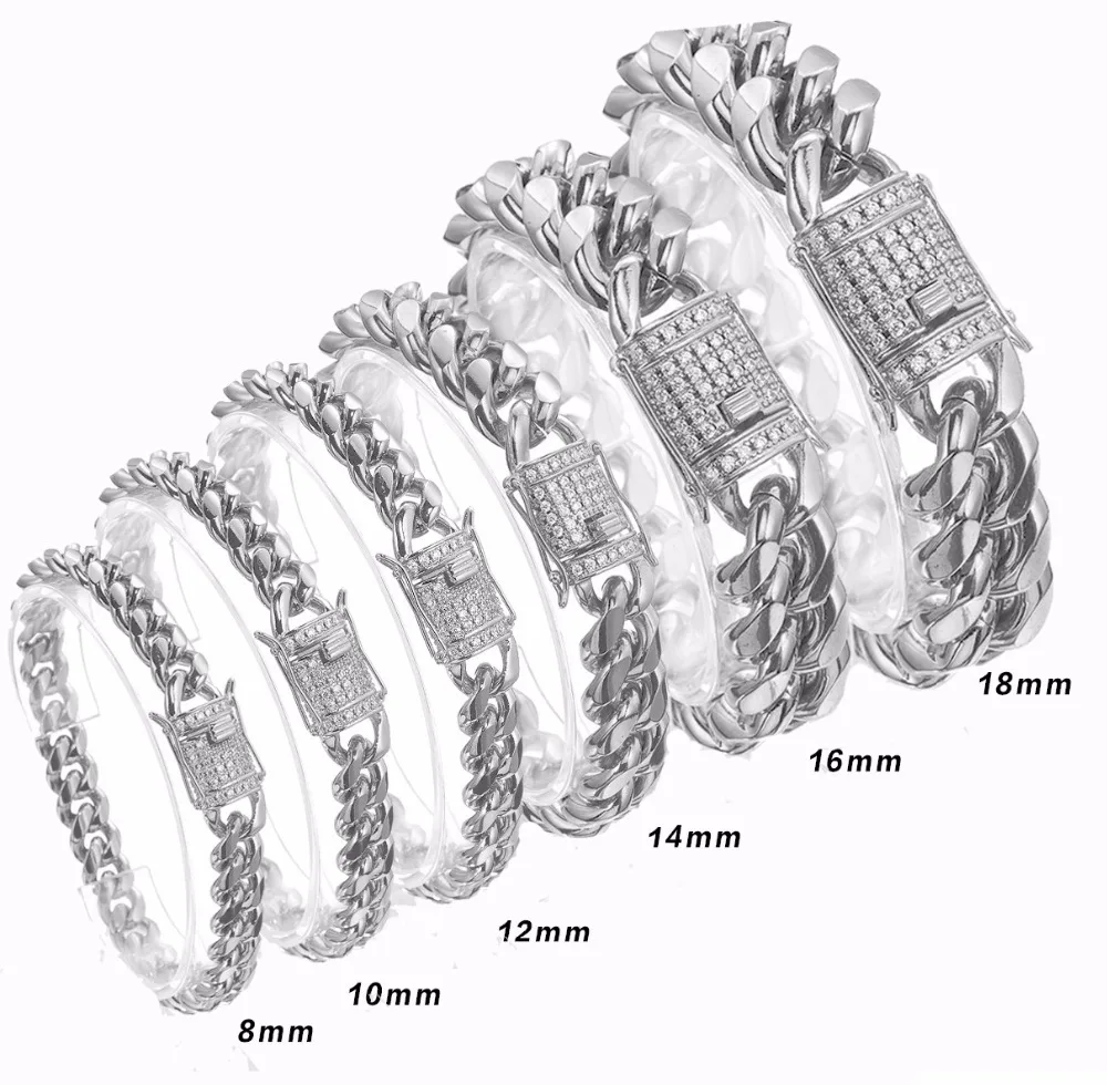 8/10/12/16/18mm CZ Zircon Stone Paved Stainless Steel Cuban Curb Miami Chain Link Bracelet for Male Boys Hip Hop Rock Jewelry