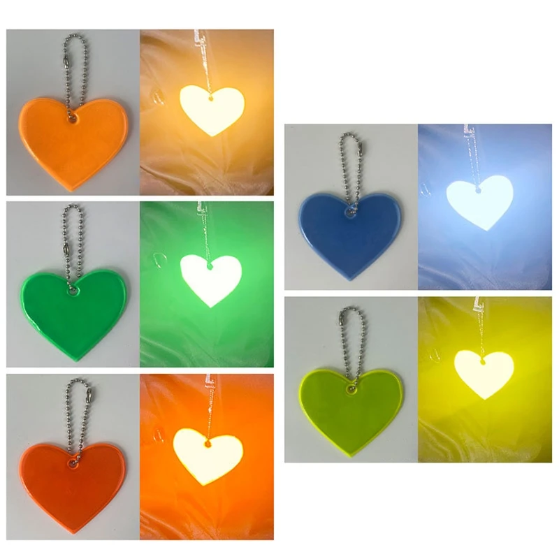 5Pcs Cute Heart Shape Reflective Keychain Bag Pendant Accessories Doft PVC Reflector Keyrings For Visible Safety