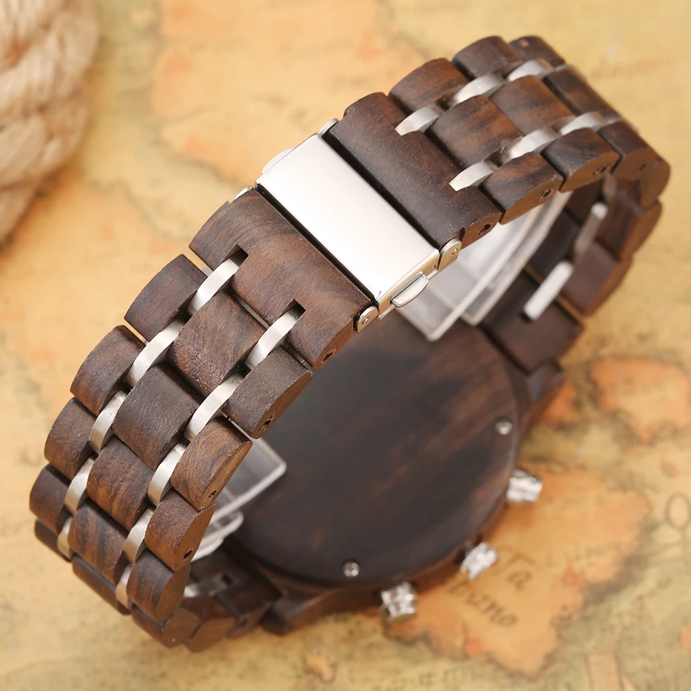 Chronograph Dial Quartz Men Watches Ebony Wood Stainless Steel Bracelet Male Wristwatch Business Auto-date Male Wooden Timepiece