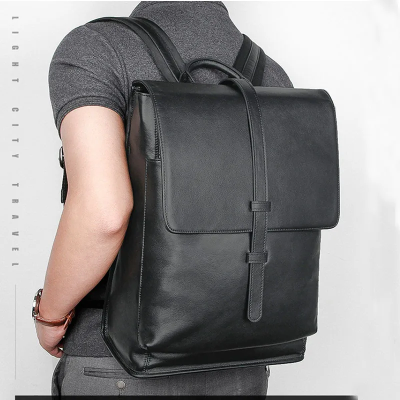 Luufan Genuine Leather Men Backpack 14 inch Laptop Rucksack Soft Cow Leather School Bag Male Business Daypack Shoulder Bag Black