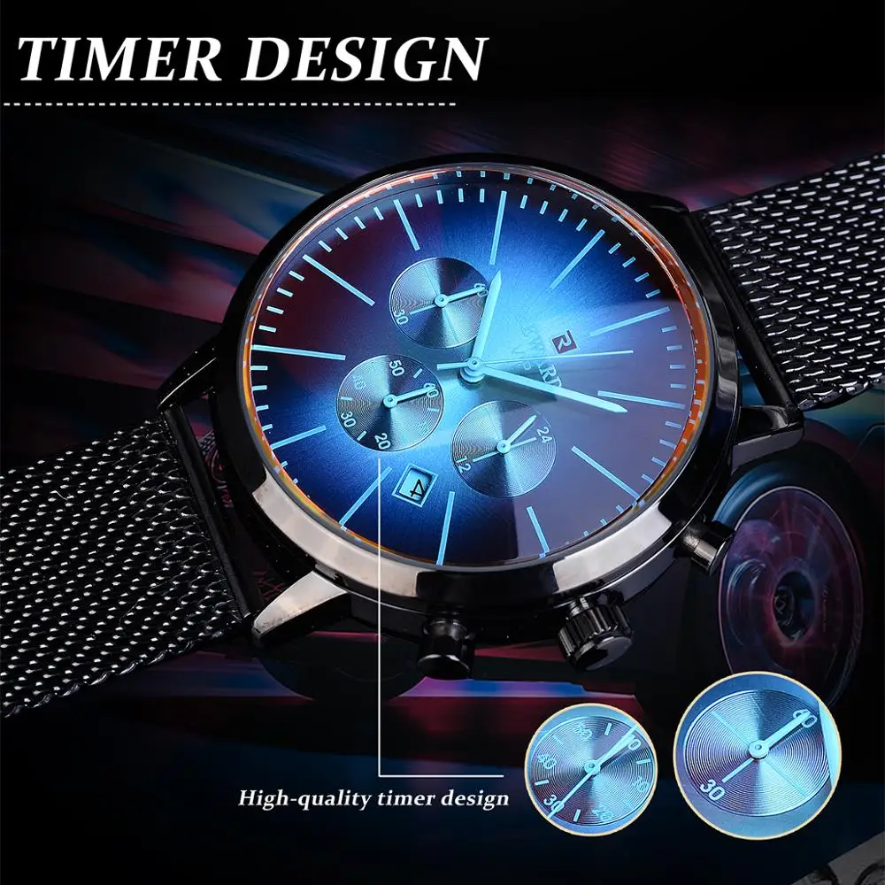 REWARD Black Stainless Steel Mesh Band Symphony Glass Design Three Dial Calendar Display Men Quartz Wrist Watch Top Brand Luxury