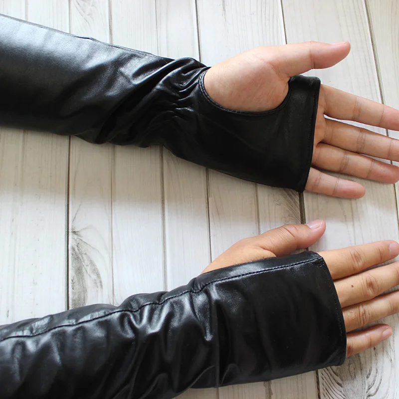 Super Long Sheepskin Fingerless Gloves Women Leather Sleeves Velvet Lining Autumn and Winter Fashion Half-Finger Gloves