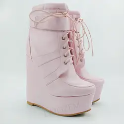 LAIGZEM Women Ankle Platform Wedges Boots Faux Leather Pink High Heeled Boots Unisex Casual Shoes Woman Big Size 42 45 47 48 52