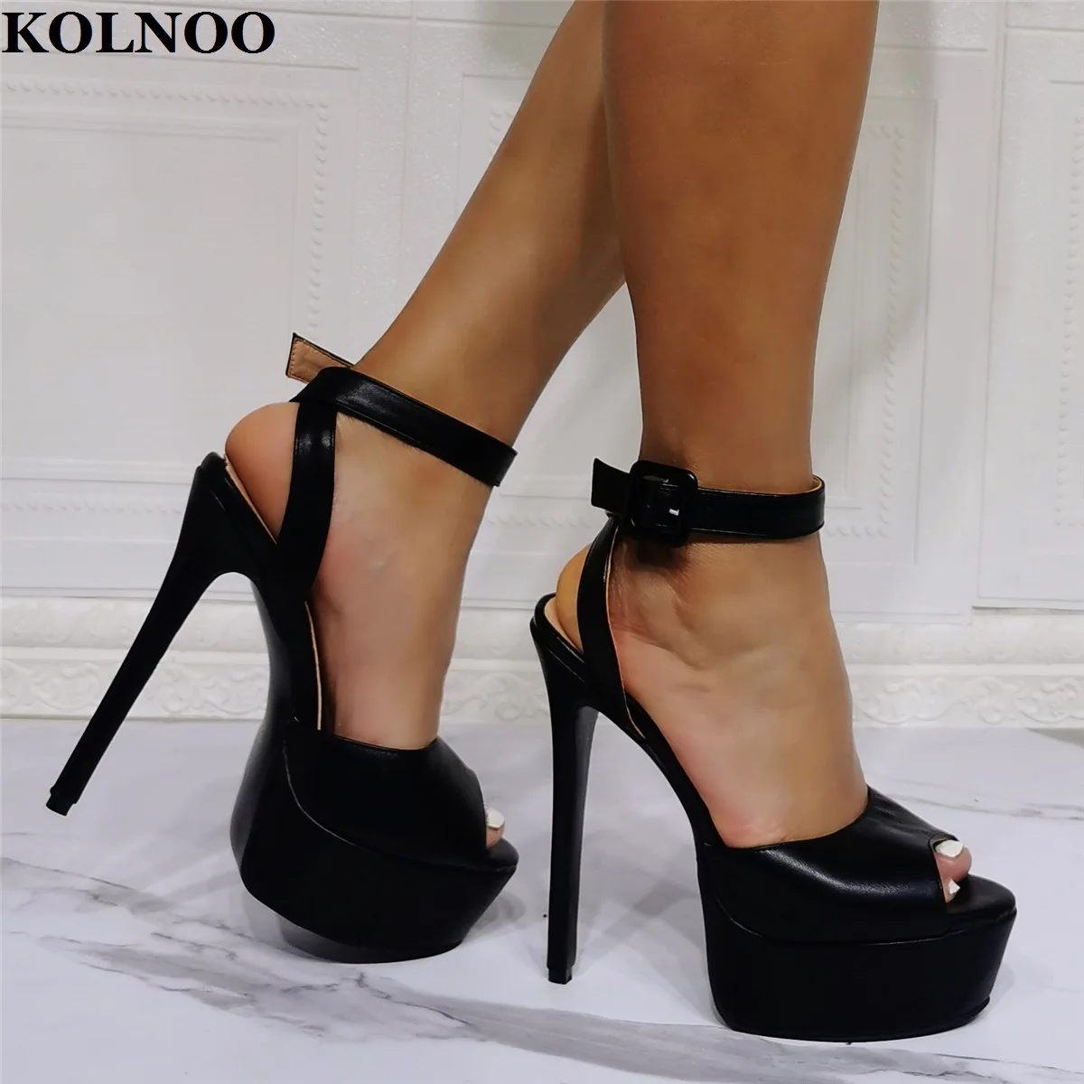 

Kolnoo Handmade Real Photos Ladies High Heel Sandals Peep-Toe Buckle Anklestrap Slingback Sexy Platform Party Prom Fashion Shoes