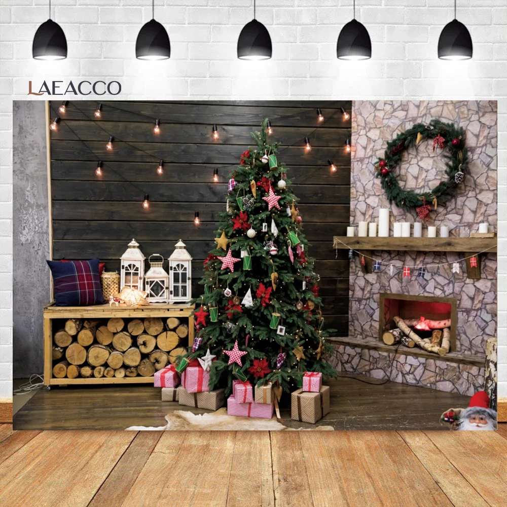 Laeacco-크리스마스 포토콜 우드 하우스 창문 조명 나무 소파 선물 가족 초상화 사진 배경막, 사진 배경