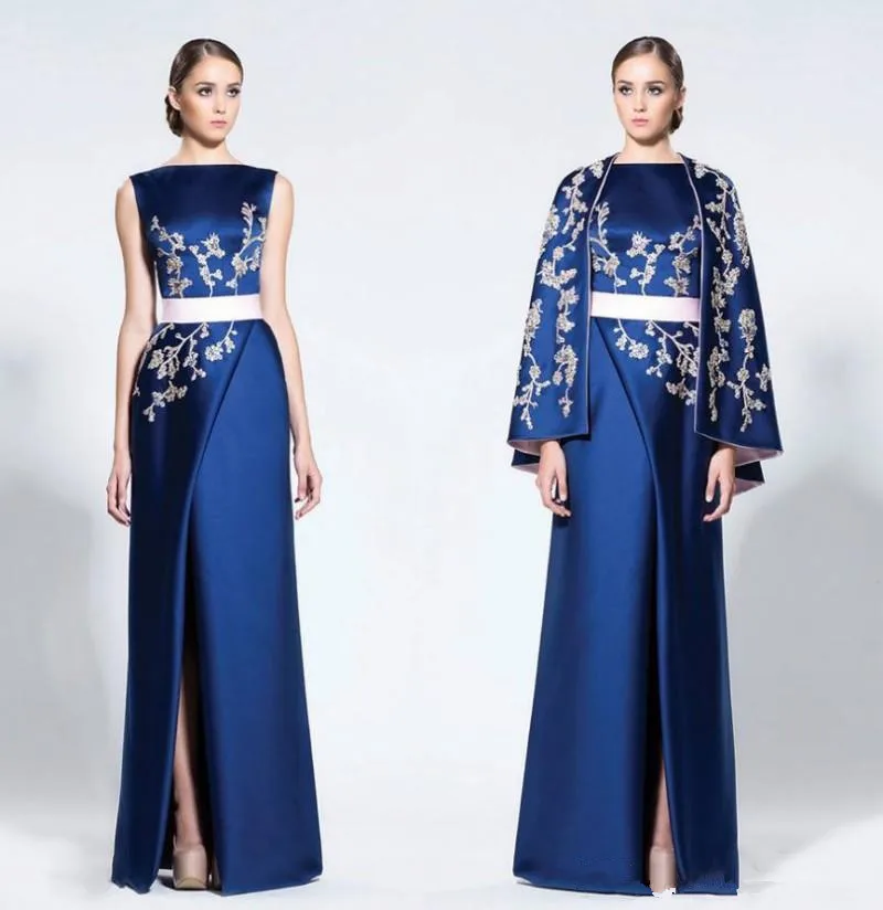 Navy Blue Arabic Evening Dresses With Cape Wraps High Split Satin Appliques Prom Dress Mother Of Bride Dresses Formal Party Gown