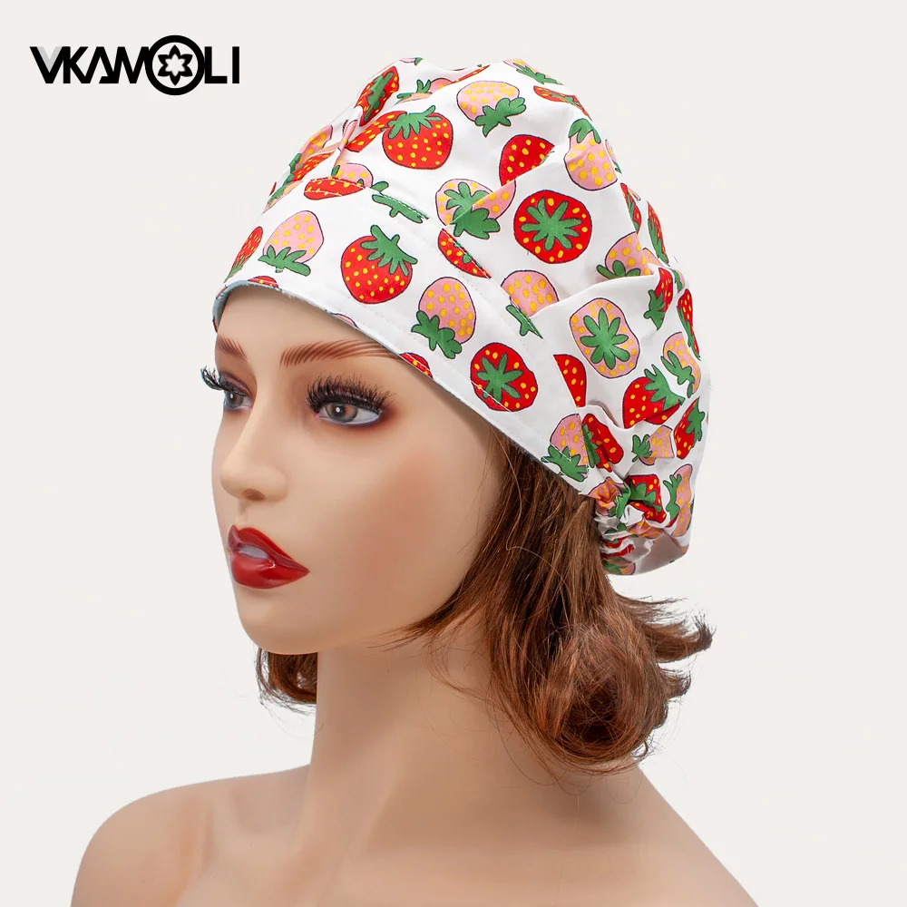 

Reuseable Work Caps Lab Scrub Caps Cotton Print Adjustable Sweatband Bouffant Hats Women Long Hair Washable Hats Accessories