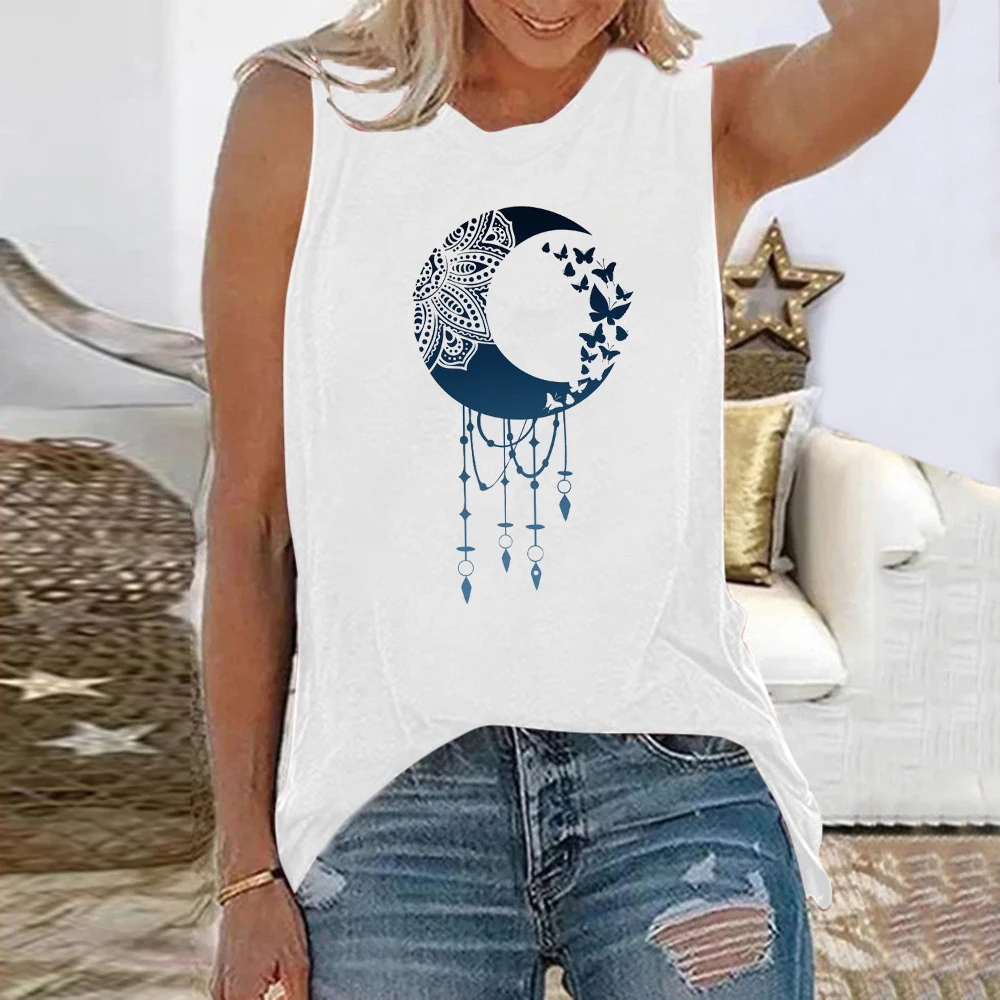 

Seeyoushy Vintage Feather Moon Print Retro Aesthetic Clothes Woman Sleeveless Summer Loose Tee T Shirt Femme Mujer Camisetas