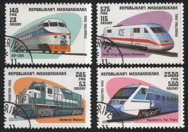 4Pcs/Set Madagascar Post Stamps 1993 Train  Marked Postage Stamps for Collecting