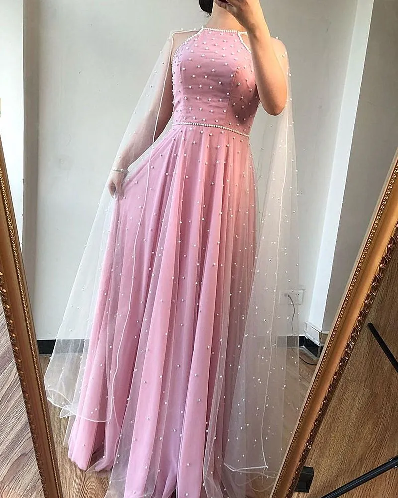 2020 Nieuwe Avondjurk Kralen Roze Met Wrap A-lijn Chiffon Floor Lengte Mouwloze Elegante Prom Jurk Вечернее Платье Vestidos