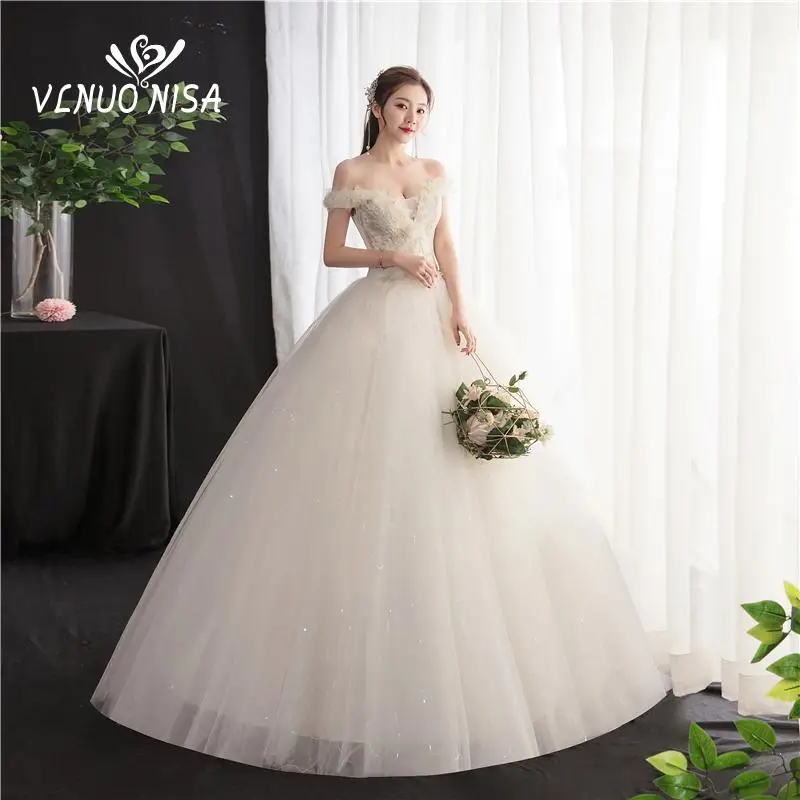 New Vestidos de Novia Sexy Off Shoulder Wedding Dress Sleeve Lace Embroidery Flowers Ball Gown Princess Plus Szie Bridal Dress