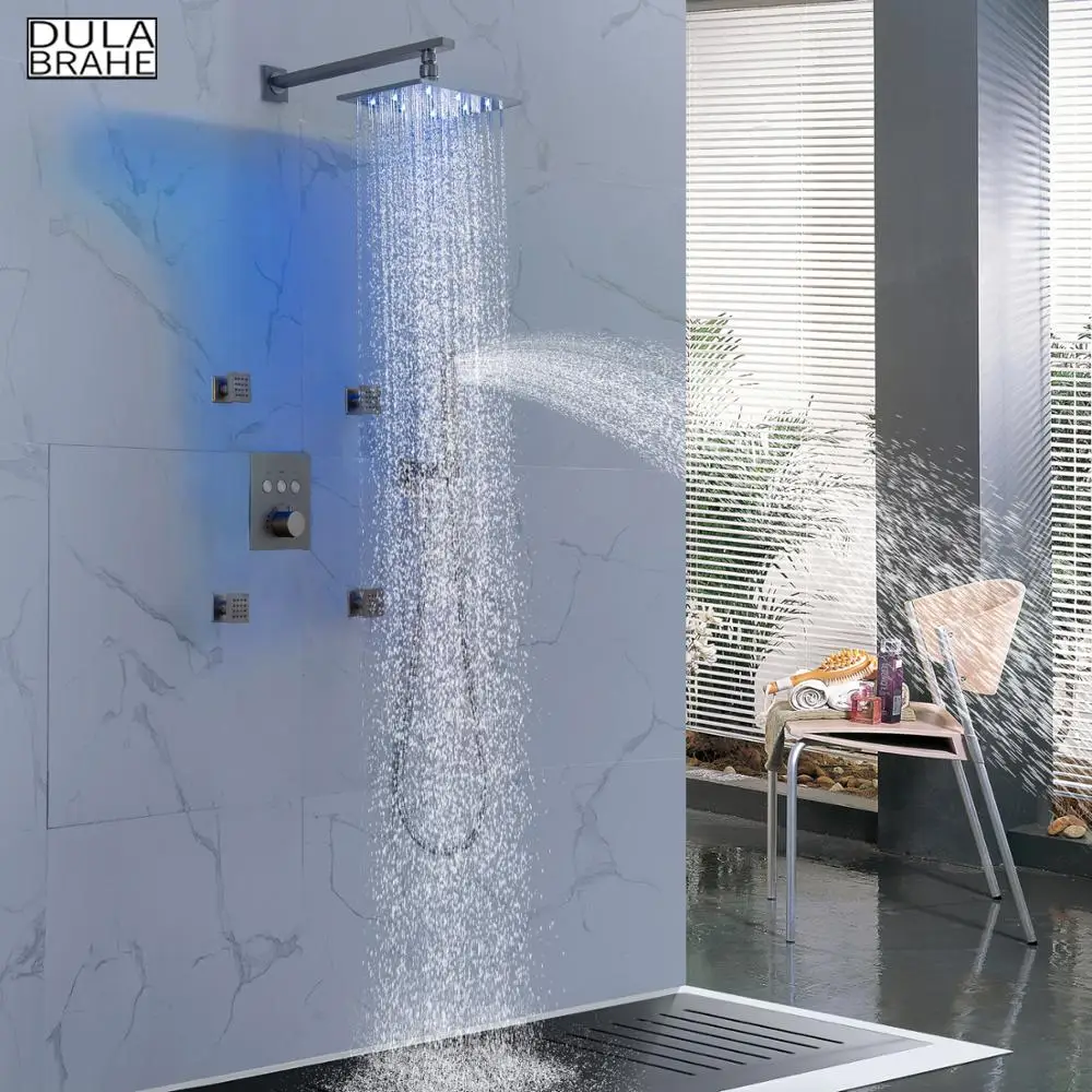 

Brushed Bathroom Shower Faucet Set Thermostatic Bathtub Mixer Taps Conceal Rain Shower System LED Bath Rectangle Shower Head