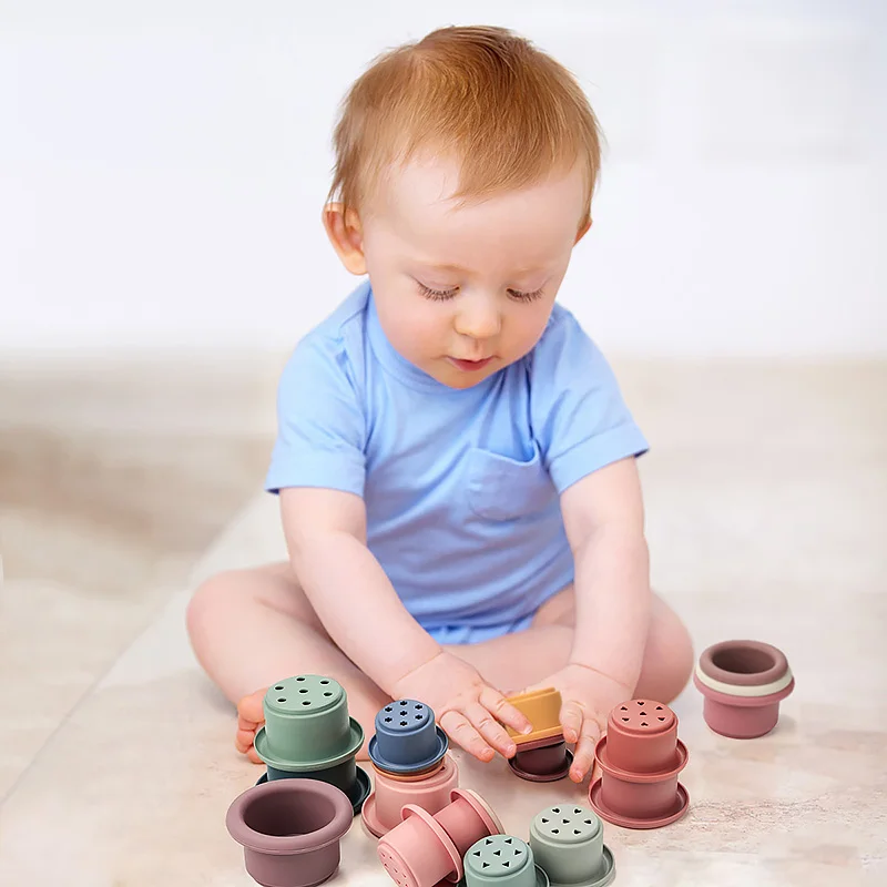Baby Silikon Stapeln Tasse Bunte Intelligenz Geschenk Klapp Turm Spielzeug Montessori Pädagogisches Spielzeug Säuglingsbad Spielen Wasser Set – Detail 13