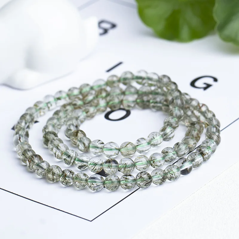 Natural Green Tourmilated Rutilated 3 Laps Bracelet 6mm Brazil Clear Round Beads Stretch 3 Laps Women Men AAAAA