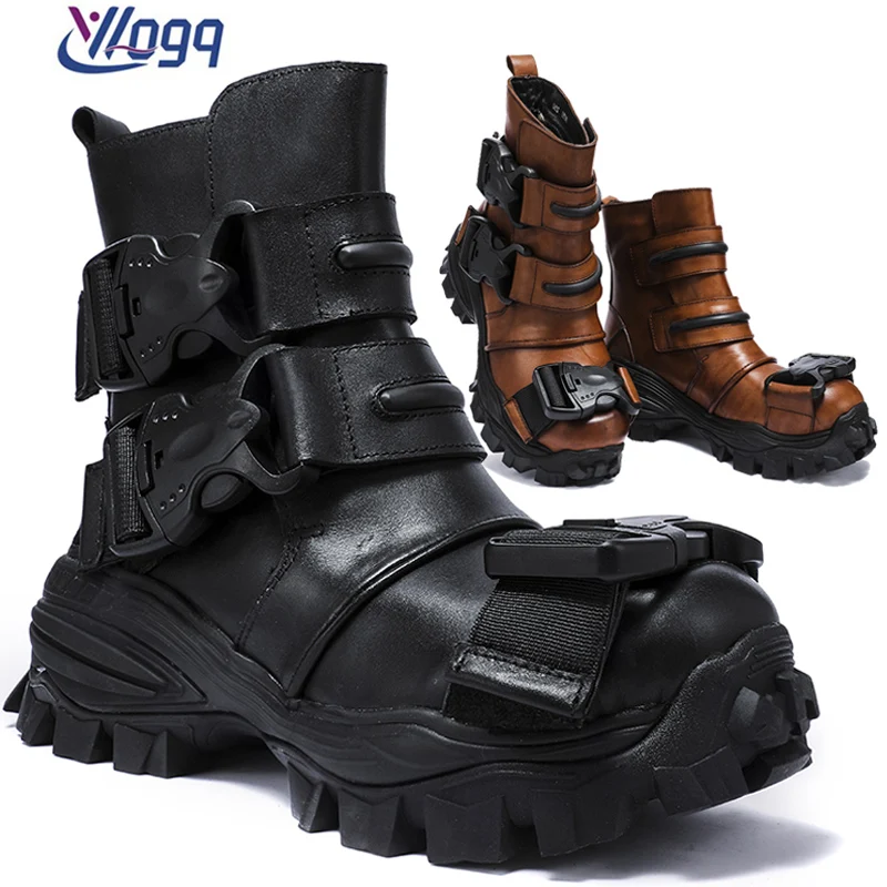 New Men' Genuine Leather Motorcycle Boots Tactical Combat Boots Handmade Skull Boots Safety Shoes Riding Desert Boots Winter