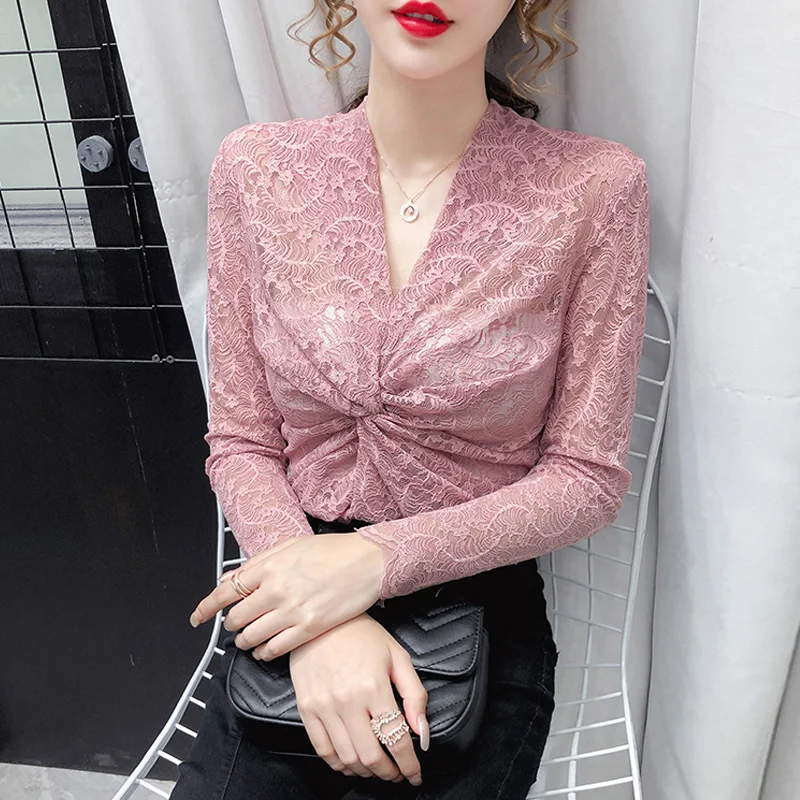 Sexy v-neck lace shirt women long-sleeved 2020 spring small shirt new Korean temperament self-cultivation western style bottomin