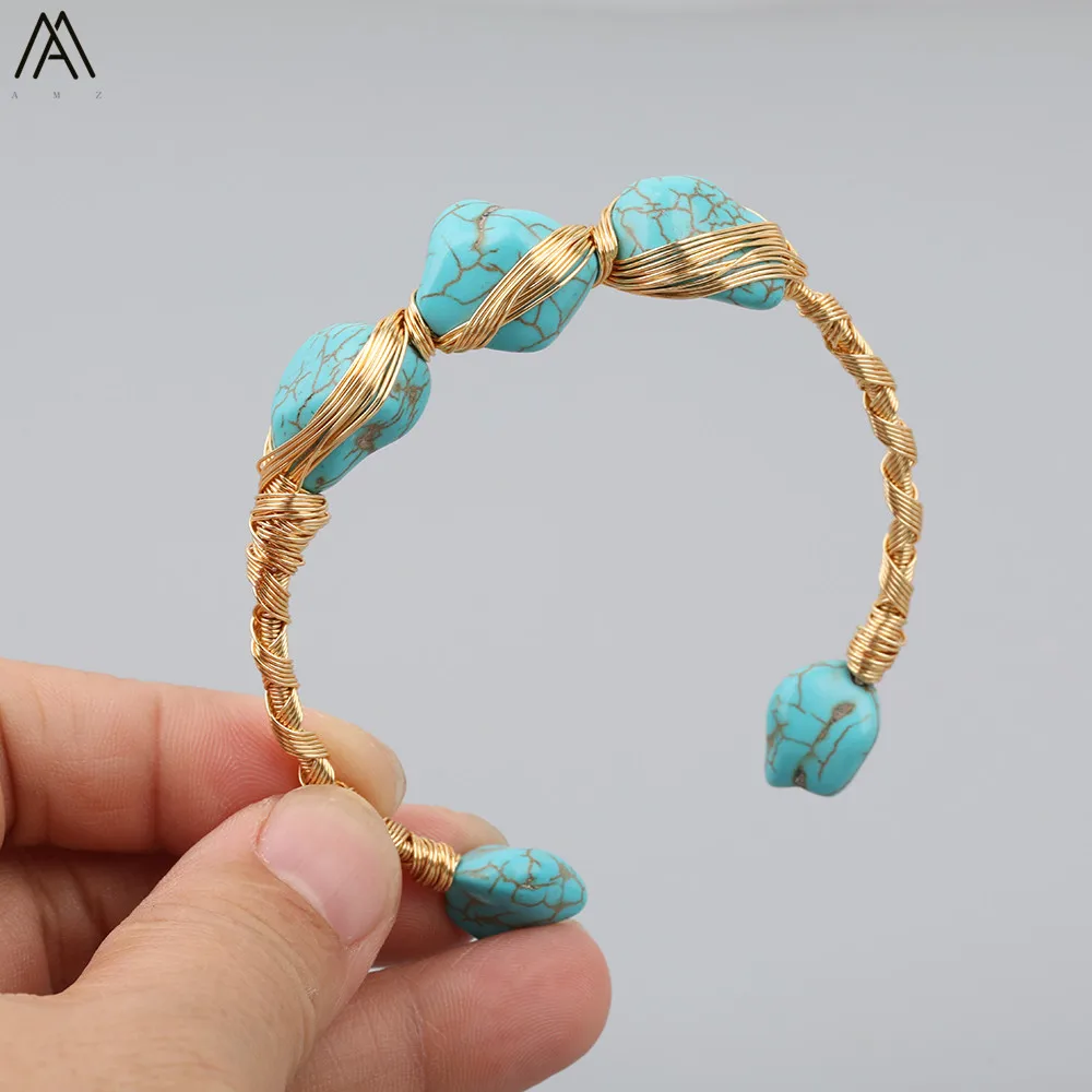 

Natural Turquoises Chunky Beads Gold Open Cuff Bracelet For Women Baroque Pearl Beads Open Bracelet Bangle Jewelry MY-30AMBB