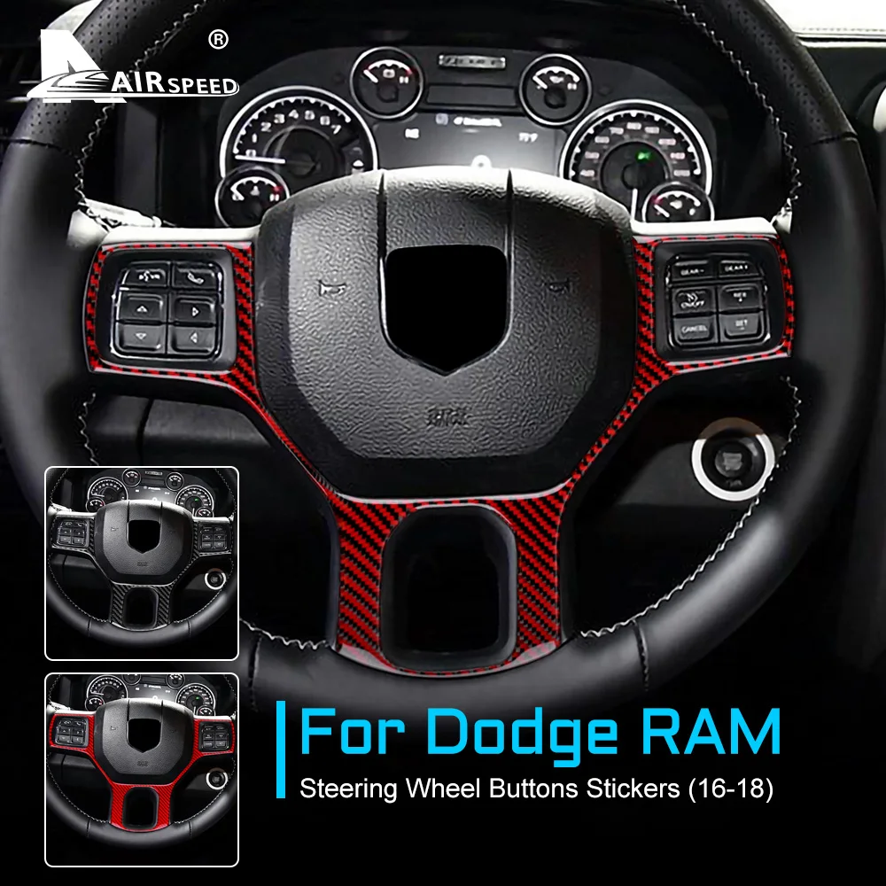 AIRSPEED Sticker for Dodge RAM 2016 2017 2018 Real Carbon Fiber Accessories Interior Trim Car Steering Wheel Button Frame Cover