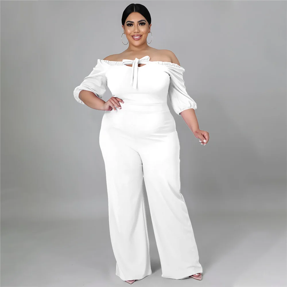 Plus Size Women Clothing Jumpsuit Solid Off Shoulder Wide Leg Stretch Elegant Ribbing One Piece Outfit Wholesale Dropshipping