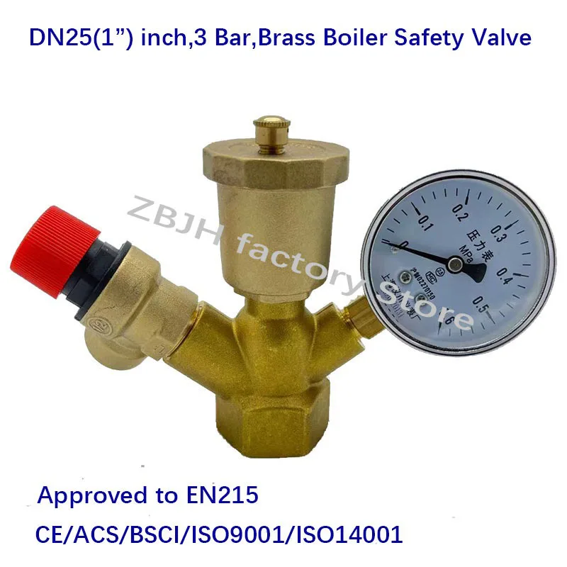 DN25 1” inch 3 Bar Brass Boiler Safety Group Set Complete Pressure Relief Valve Air Vent Safety Valve With Pressure Gauge 4.9