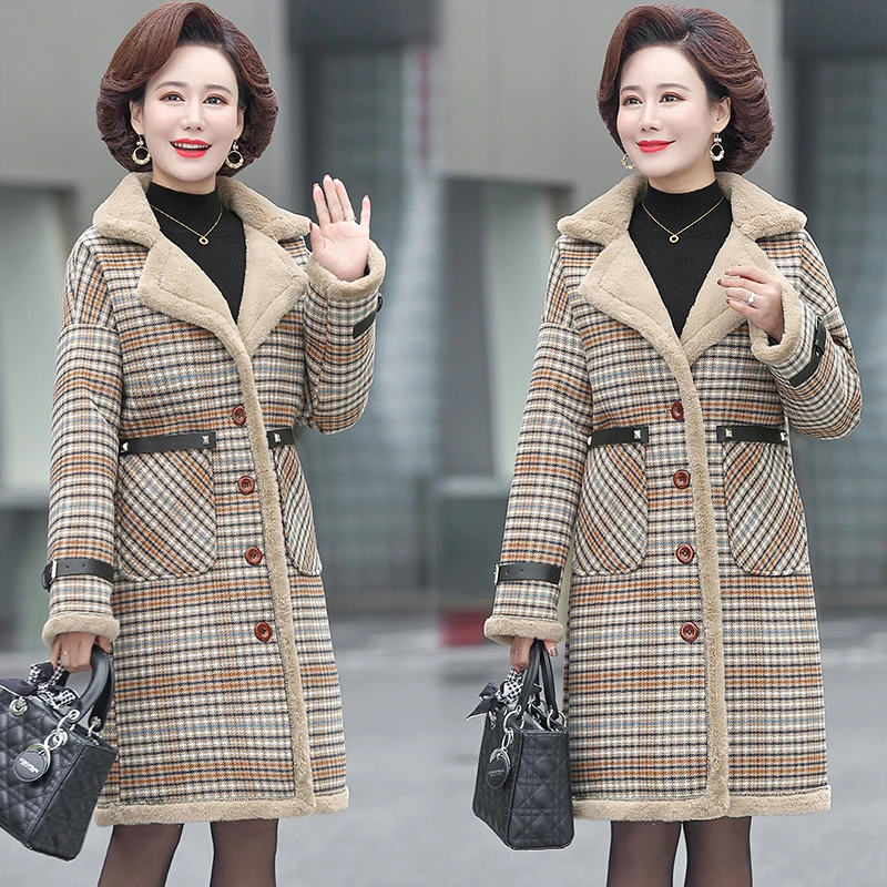 Winter new lamb fur coats female fashion clothing medium long coat Women's  thick Check cloth jacket 5XL