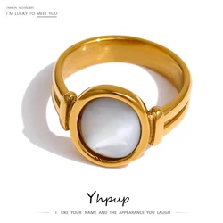 Yhpup Stainless Steel Natural Shell Ring New France Metal Gold Color Round Finger for Women Temperament Jewelry Anillos Mujer