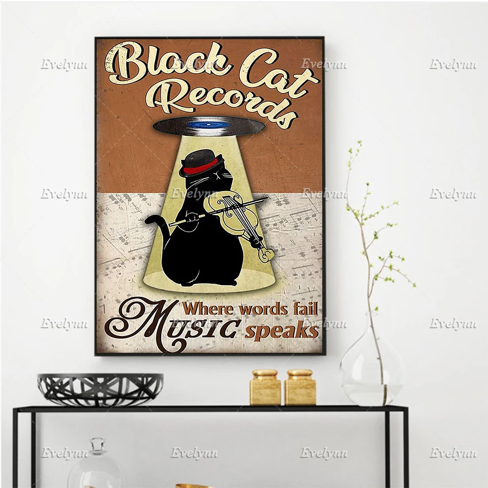 Cat Lovers/Black Cat Records Where Words Fail Retro Poster/ Cat Wall Art Prints Home Decor Canvas Unique Gift Floating Frame