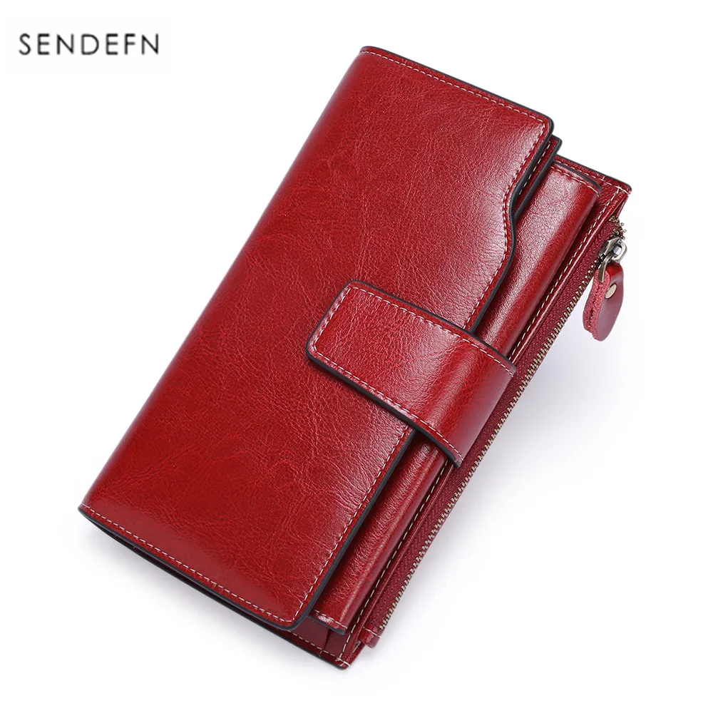 Sendefn RFID Luxury brand Wallet Women Long oil wax leather cell phone clutch Cowhide Retro wallet Ladies card holder portfel