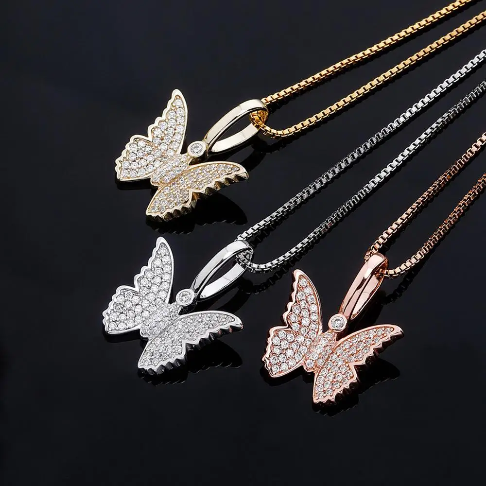 TOPGRILLZ 925 Sterling Silver New Butterfly Pendant Iced Out Cubic Zirconia Pendant Hip Hop Fashion Delicate Jewelry Gift Women