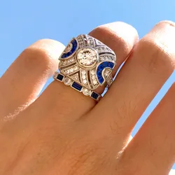 Fashion Boho Ring Set Blue Sapphire Stone Finger Ring 925 Sliver Vintage Ring For Women&Men Wedding Bands Party gemstone Jewelry