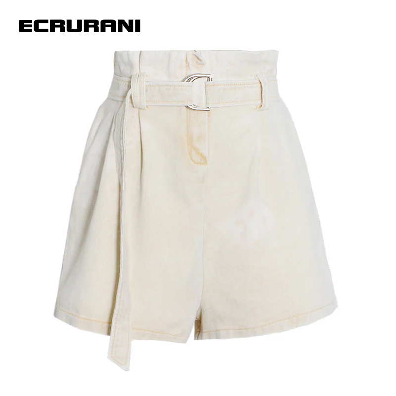 

ECRURANI Casual Solid Denim Short Pant For Women High Waist Patchwork Pockets Sashes Ruched Pants Female Summer Fashion 2021 New