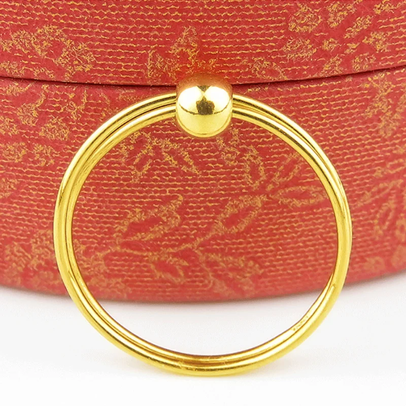 New Pure 24K 3D Yellow Gold Ring Beatuiful Smooth Bead Double Circle Ring US Size 5-10 for Woman