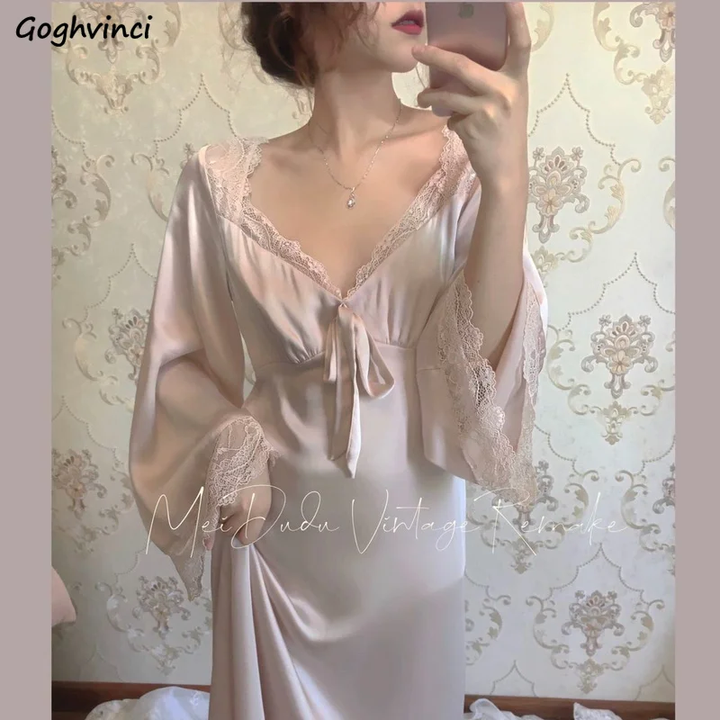 

Nightgowns Women Pink Lace Sexy Deep V-neck Flare Sleeve French Style Elegant Ladies Nightdress Slik Sleepwear Bath Robe Female