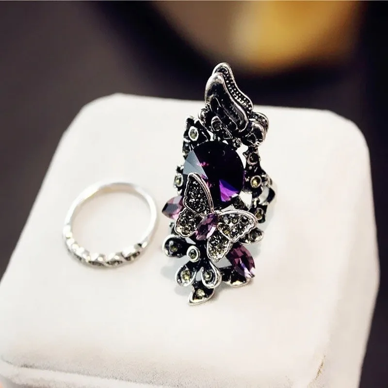 2 Pcs/set  Fashion Bohemia Butterfly Ring Sets for Women Crystal Banquet Party Hand Rins Jewelry Creative Accessories