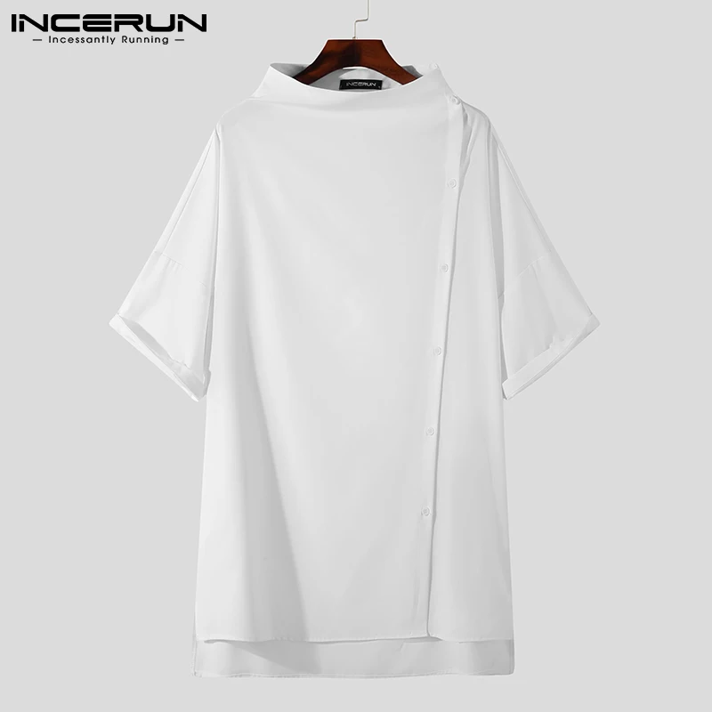 INCERUN 2023 Men Irregular Shirt Solid Color Turtleneck Half Sleeve Button Camisas Streetwear Fashion Casual Shirts Men S-5XL