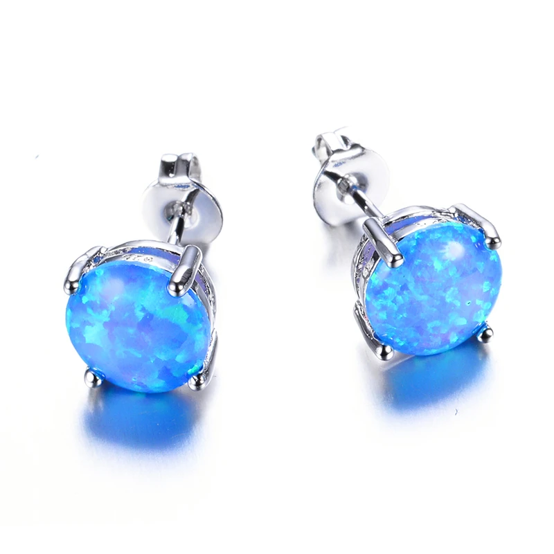 Boho Female Small Blue Round Fire Opal Stone Stud Earrings Cute 925 Sterling Silver Wedding Jewelry For Women